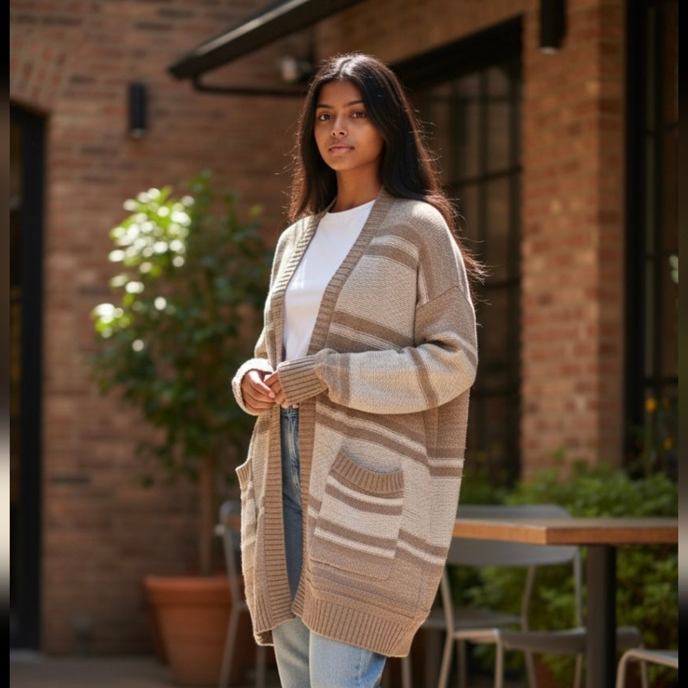 New York & Company Beige and Cream Cardigan